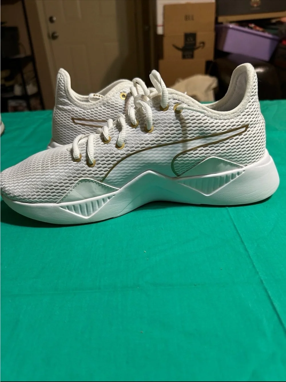 Puma White Mesh Running Sneakers with Gold Accents